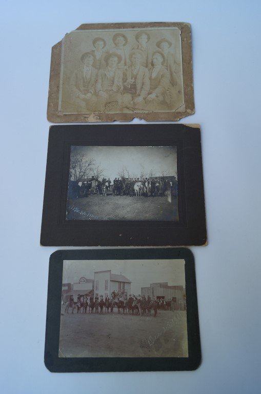 Three Large Cabinet Cards-Armed Cowboys: 9 7/8" x 7 7/8" (as is ,needs restoration); 8 1/2" x 6 1/2" (dated Dec. 25, 1911); 9 3/4" x 7 7/8" (Okla. 1888-1890)