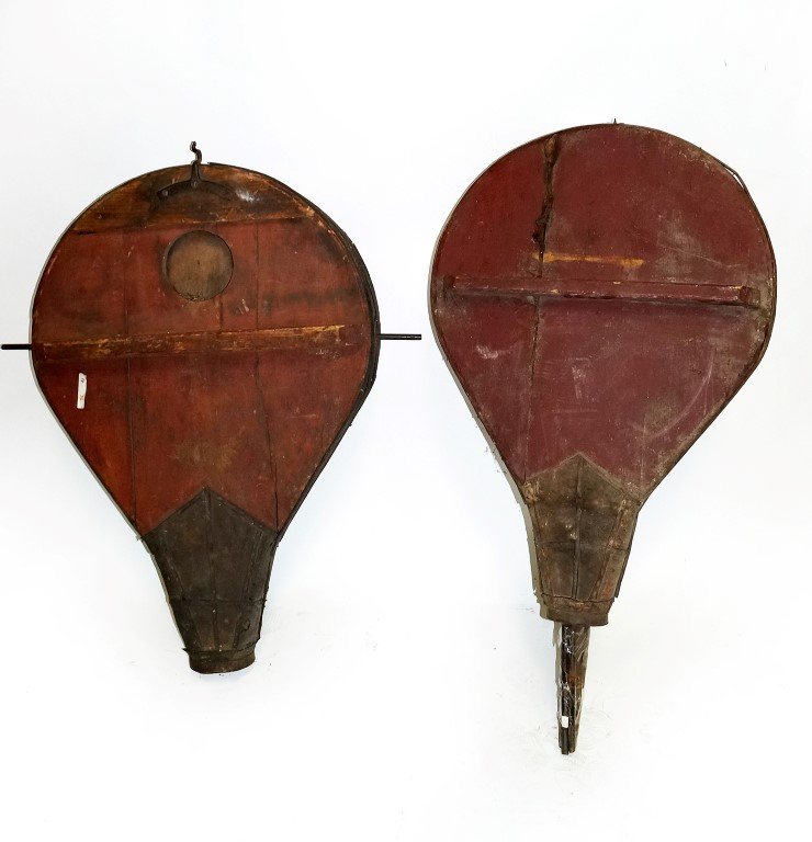 Two Oversized Bellows: Leather and wood. Approx. 48"L