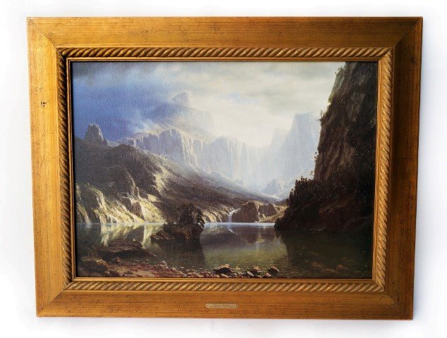 After Bierstadt. Sierra Nevadas: Replica on canvas, Sierra Nevadas, after Albert Bierstadt 20"H. x 26 1/2"W. 1830-1902