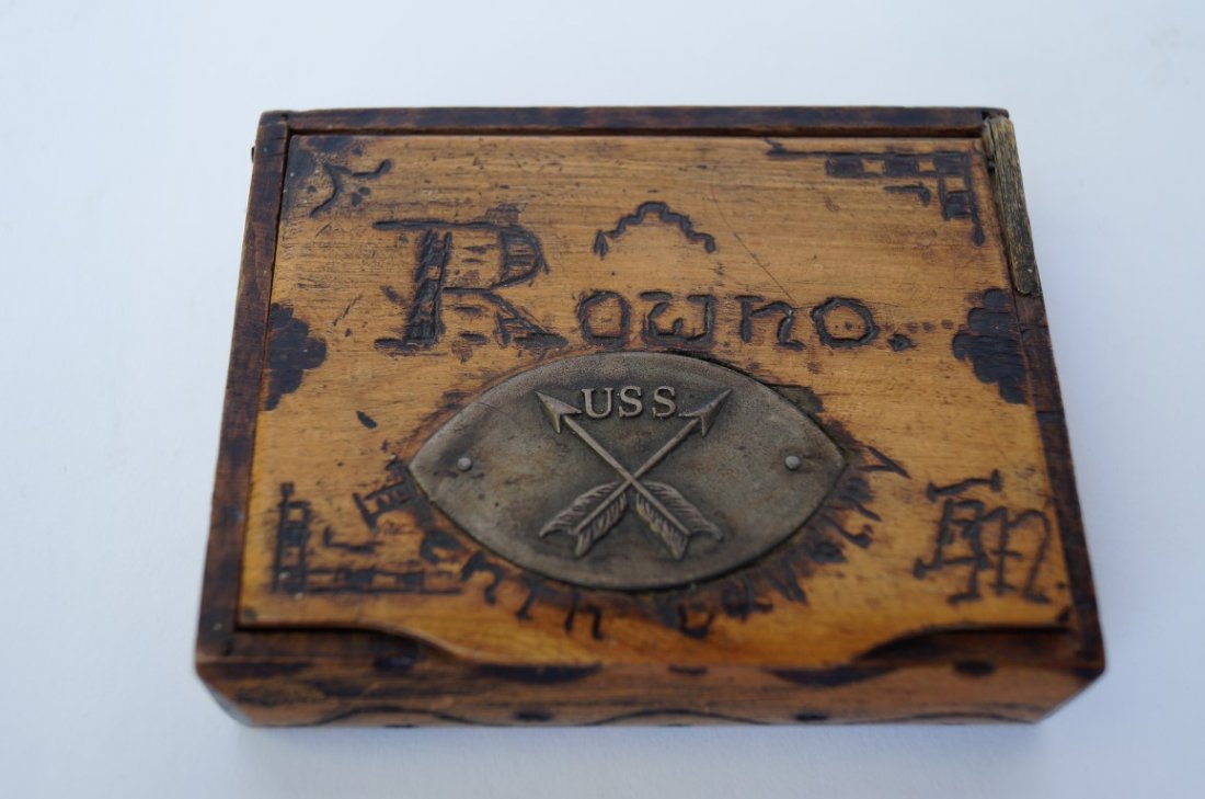 10th Cavalry Playing Cards & Box: A playing card tramp art box carved with the name Rowno and Tenth Cavalry at the top. Brass plaque with crossed arrows marked USS. Iron Horse playing cards at the inside by Burnham Fabry Williams and 