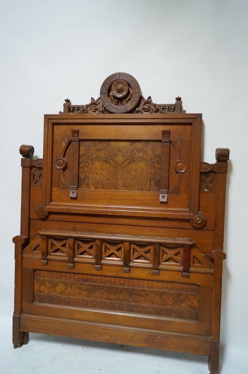 Carved Walnut Bed: Carved walnut with burled panels. With headboard, footboard and rails 85"H.(headboard) and 39" H. footboard