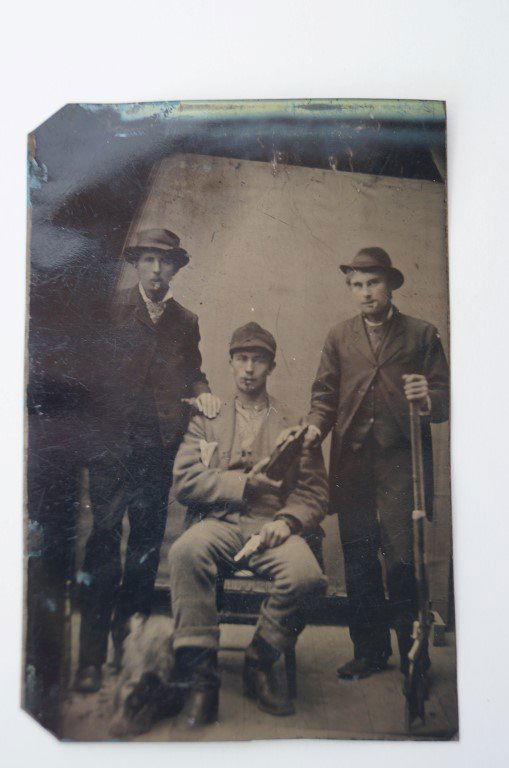 Tintype. Three Men with Firearms: 2 1/2" x 4"