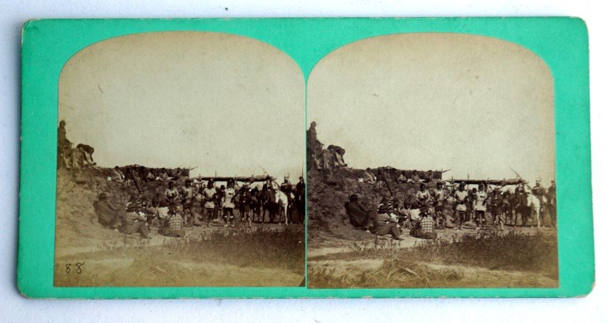 Pipe Dance Omaha Indians: Stereo view card. Green mount. Published by Hamilton & Hoyt, Sioux City, Iowa. Condiiton and quality of images very good, scarce in print though subject is in the middle distance 3 1/2" X 7"