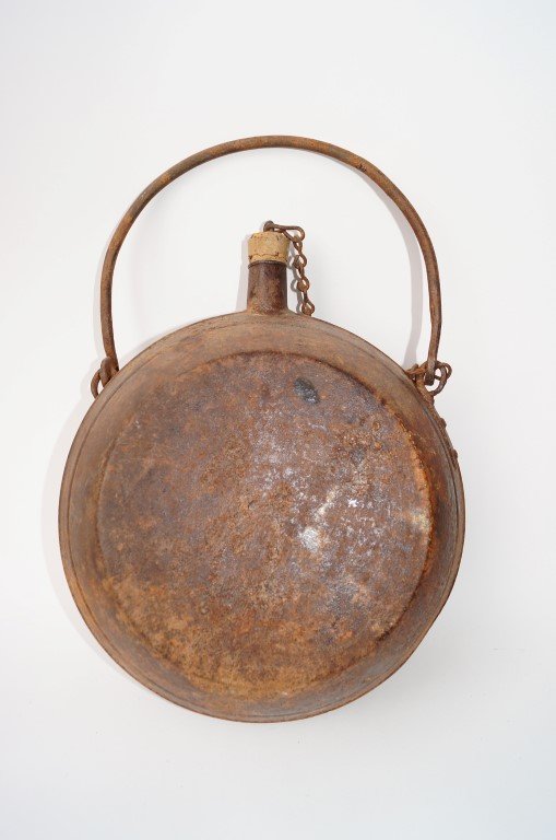 Miners Canteen: Round cork stopper miners canteen with handle and chain. Approx. 9" round