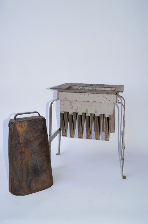Miners Ore Washer & Miners Bell: Metal filtering system on stand; together with a Miners Ore Wagon Bell from Bonanza, Colorado. Stand is 10-3/4" x 12" x 16-3/4" high.; Bell is 13-1/2" high