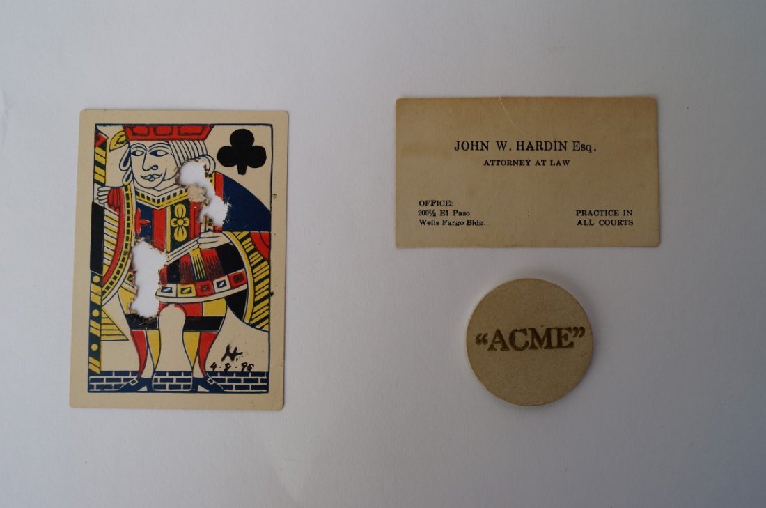 John Wesley Hardin Faro Card: Faro playing card with a letter stating the card was probably made by Samuel Hart Co. It is a Jack of Clubs. It is signed in ink "H" 4-8-95. and has an approx. 5.41 calibre bullet hole shot through it