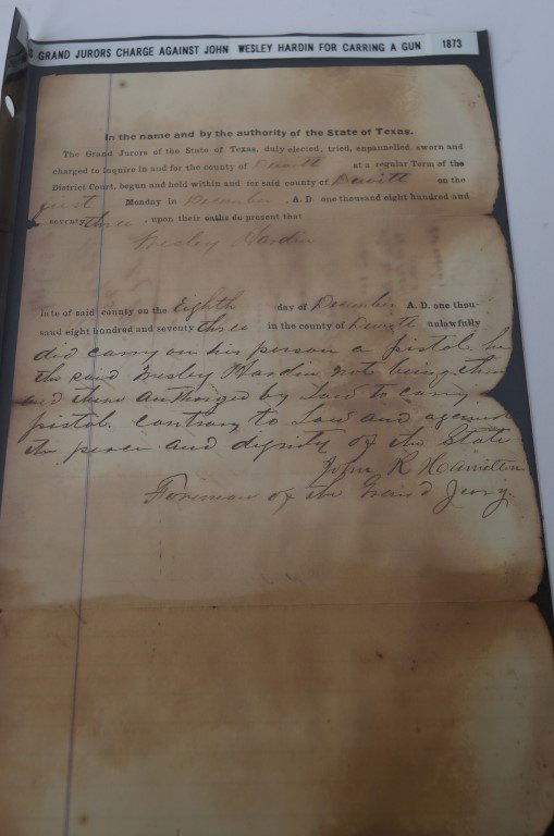 Grand Jury Charge to John W. Hardin: Grand Jurors Charge against John Wesley Hardin for Carrying a Gun, 1873 (As is condition, will be visible in photograph) 13"H. x 8"W