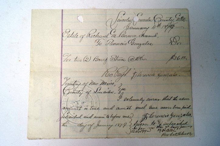 Receipt for Cattle in R. Brewer Estate: This document is a receipt for two cattle in Richard Brewer's estate. "Regulator Leader" Richard Brewer was one of Billy the Kid's best friends. Hand writted 6" X 8" receipt dated January 4, 1879, fro