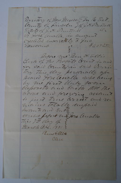 Document Estate of J. H. Tunstall: March 1881. Signed by administrator Jose Anallo and Ben Ellis, Clerk of Probate Court, Mar. 1881