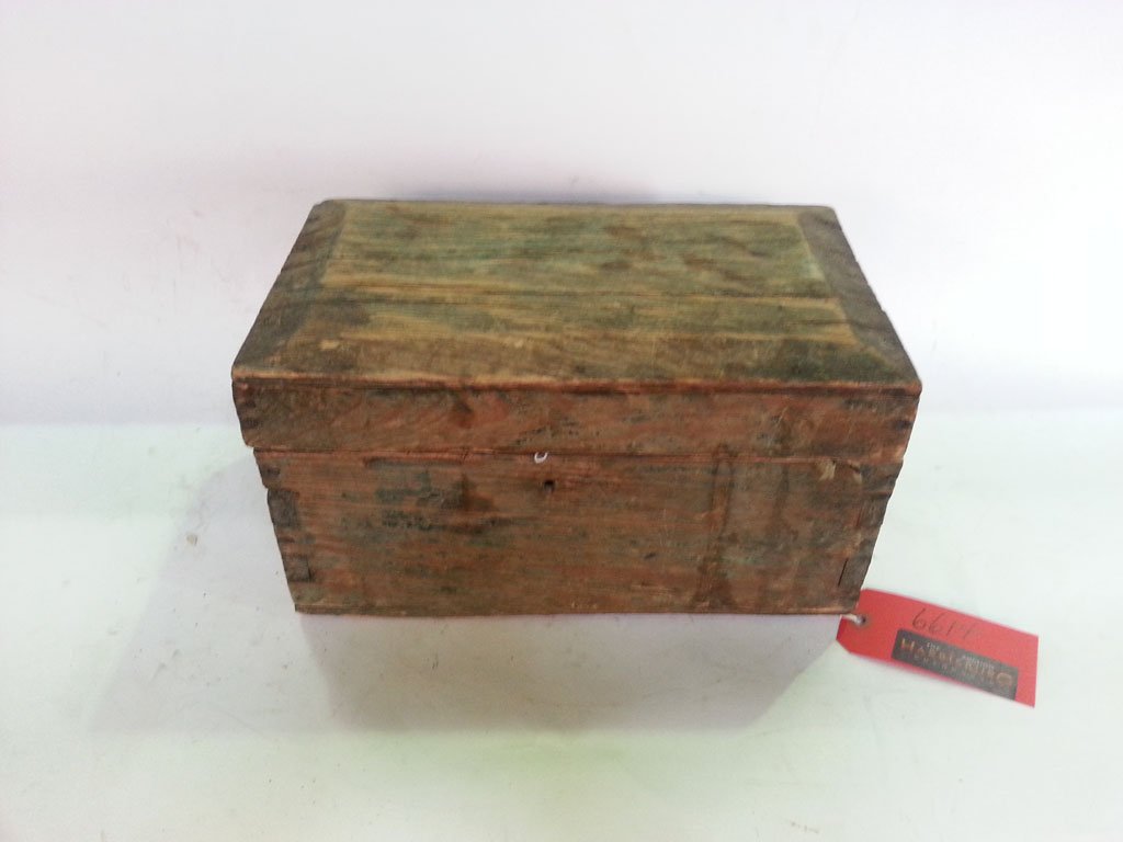 Wood Document Box and Contents: From the Cy Cress Collection, Left Hand Canyon, Colorado, Miner's Box C. 1870, Contents include an Indian arrowhead, a too with ivory handle; a wagon wheel draw knife; a beaded feather decorated India