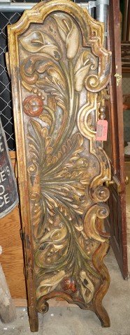 Pair of Carved Saloon Doors: Gilded and ornately carved wooden pair of saloon doors. Well detailed fronds and calla lilies. 71" H. x 19 1/4"W.