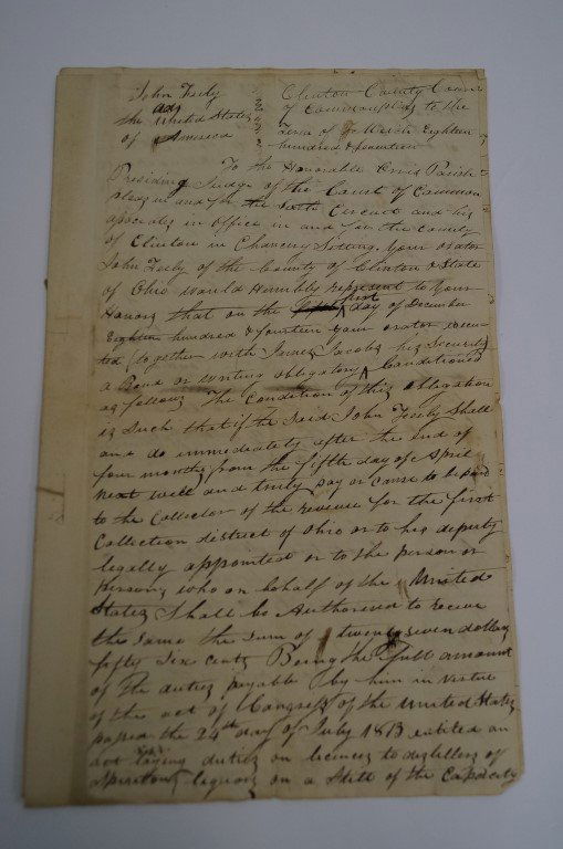 John Burgone Vs U.S. re: Whiskey Still C 1817: Suit against the government for retaining too much of the license fee for the operation of a still after the still had ceased to operate. A very long and detailed letter that gets straight to the matt