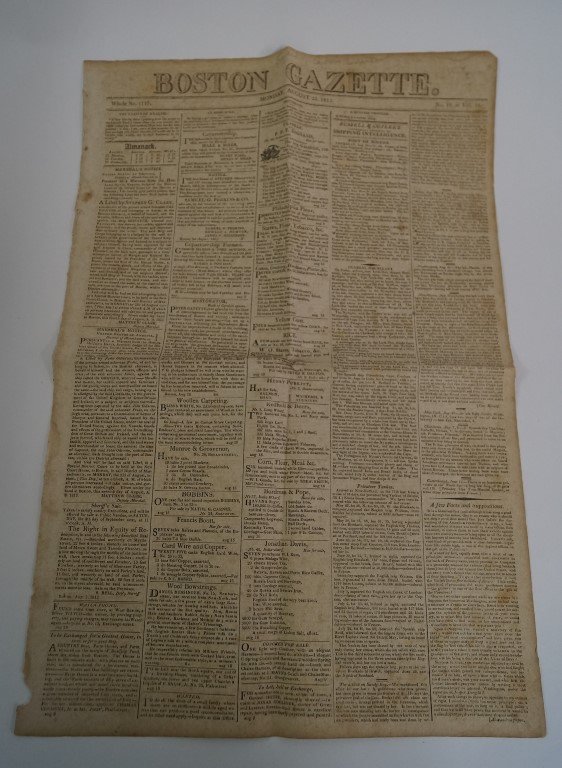 Don't Give Up The Ship: Boston Gazette Aug. 23, 1813 featuring the funeral of Naval hero Captain James Lawrence, USS Chesapeake, killed in Boston Harbor battle, whose last words stirred the nation. P2 funeral program with il