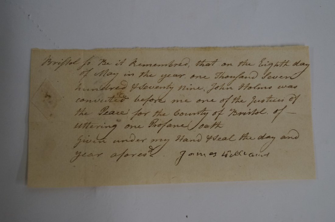 Colonial American Document C 1779: Conviction notice for uttering one profane oath. 6 1/2x3".