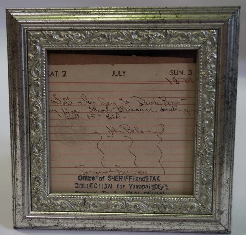 John Behan Signed Receipt: 1879 receipt "sold this day to David Bemont my 12 ga - 28 cal Missouri (not discernible) Cash 15.00 paid. Signed John Behan Personal Business. Stamped Office of Sherriff and Tax Collection for Yavapai