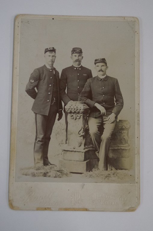 Cabinet Card: Ft. Riley Soldiers C 1890: By Pennell Brothers Junction City, Kansas C. 1890. 4x5.5" mounted on a 4.5x6.5 cream board.