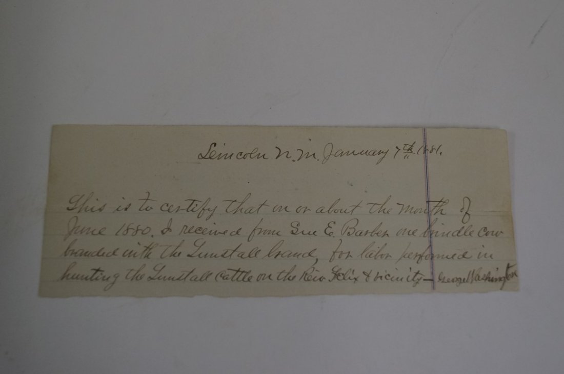 Receipt for Tunstall Branded Cow: Jan. 7, 1881 - signed by "George Washington" for rounding up the Tunstall cows. "This is to certify that on or about the month of June, 1880, I received from Sue E. Barber, one brindle cow, branded wi
