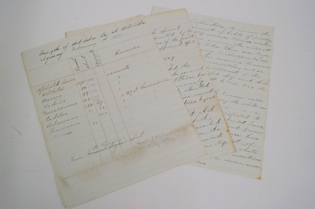 Comanche and Kiowa Census, 1869: 3 pg. manuscript, Census Report, to the Commissioner of Indian Affairs. Lists seven different Comanche tribes totaling 2,400 Indians of which only a third were actually on the reservation, the others 