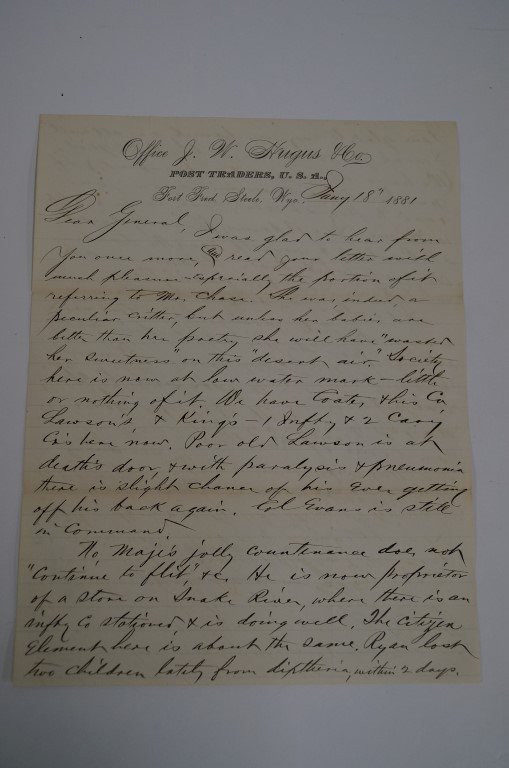 Fort Steele, Wyoming, Post Traders Letter: 1881, hand written letter. Office J.W. Augus & Co. letterhead, Post Traders, U.S.A.