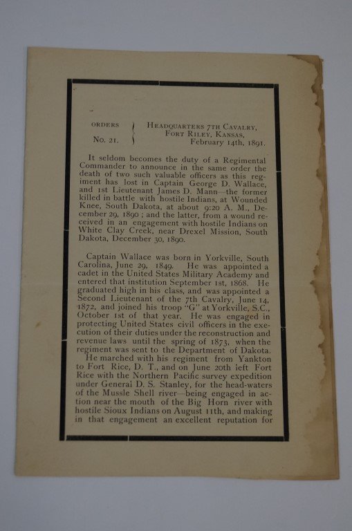 Death Notice Published by the 7th U.S. Cavalry: Headquarters Fort Riley, Kansas, February, 1891. For 2 officers at Wounded Knee, South Dakota. Killed by hostile Indians. Captain George D. Wallace and Lt. James D. Mann. Staining at edges and at back