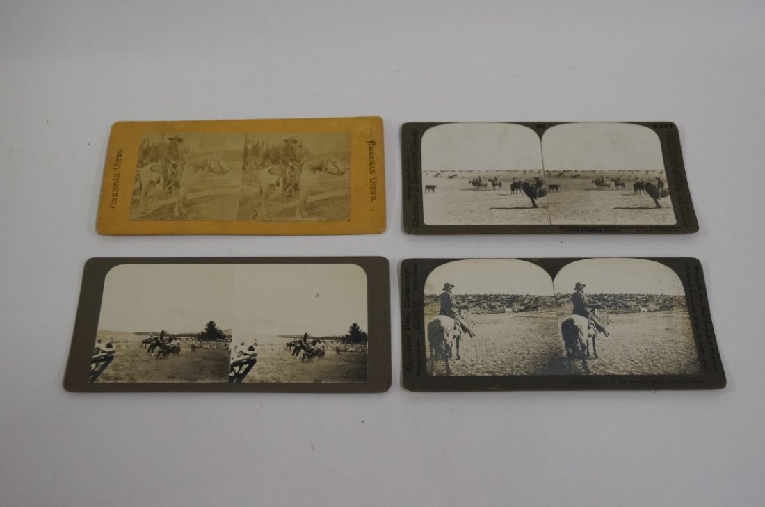 Stereoptic View Cards - Cowboys and Cattle (4): One is part of American Views series, a cowboy on horseback "A Real Live Cowboy"; one a cowboy round up; two are from The Keystone View Company, "Round-up on the Sherman Ranch, Geneses Kansas" and "Am