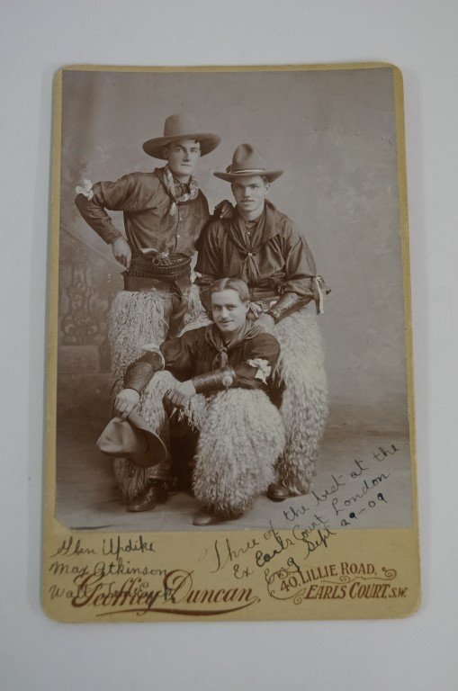 Cabinet Card - "Wild West" Buddies: Photograph by Geoffrey Duncan, 40 Lillie Rd, Rails Court, S.W. London. With front stamp and advertisement for studio at the back, "Day and Electric Light Studio." Subjects are identified in ink at the