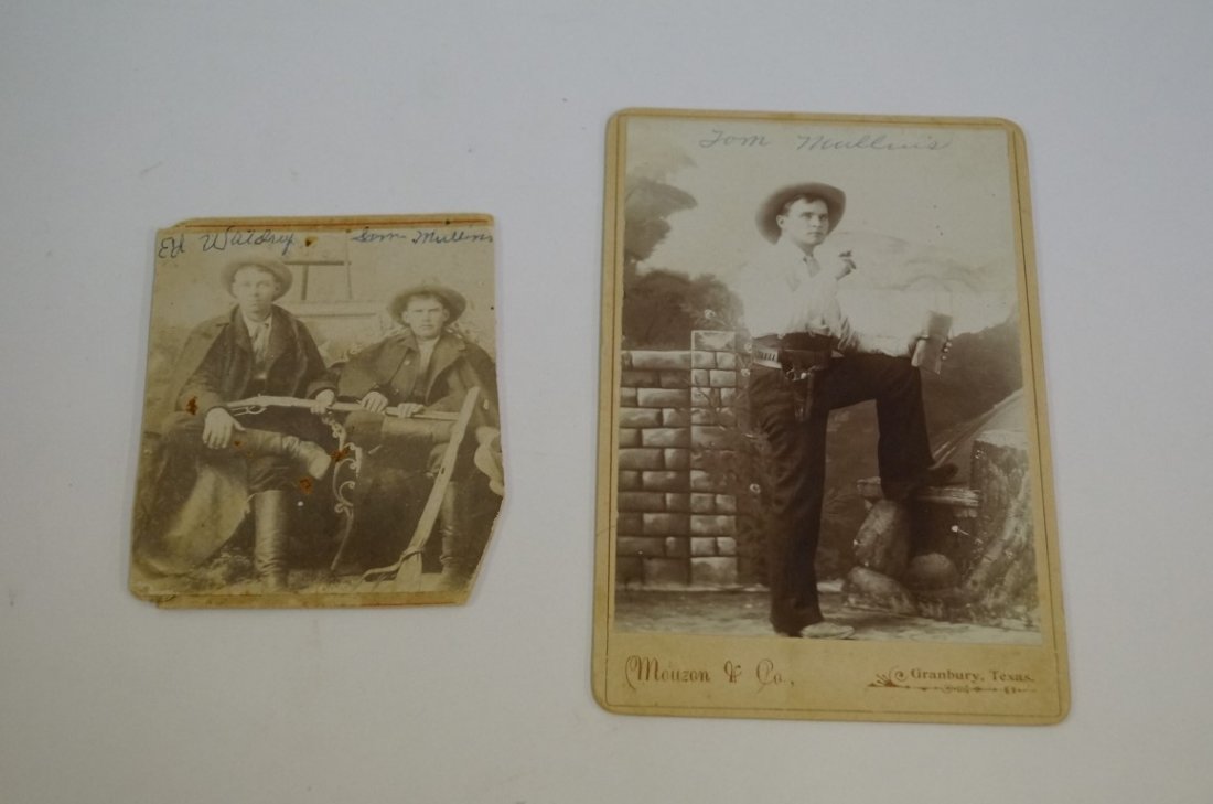 Tom Mullins Lot (2): Cabinet Card, Tom Mullins with cigar and pistol in holster hanging from a cartridge belt - by Menzon and Co., Grandbury Texas. Second photo written in ink, with identifications at the top: Ed Waldry a