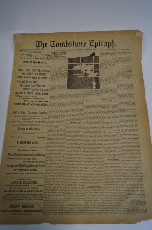 The Tombstone Epitaph 11-22-1880: November 22nd, 1880. Deacidified by Jim Lyons - April, 1995. This folder is made of polyester for long term preservation.