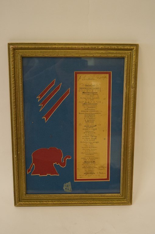 Tombstone Election Ballot: Year unknown. Republican ticket with handwritten notes. Double matted with a Republican Elephant decoration in the mat, and framed. 12.25x16.25" overall size.
