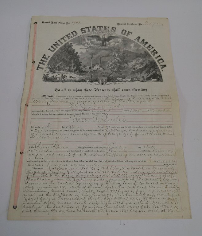 G.J. Love Lode Mineral Certifcate C 1875: Nevada. General Land Office of the US certificate of claim by Manhattan Silver Mining Company assignee of Allen A Curtis at Eureka, Nevada. A map is included of survey No. 96 in the Reese River Mining