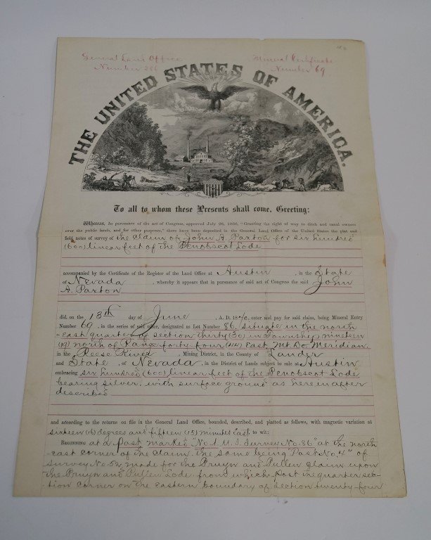 Penobscot Lode Mineral Certificate C. 1871: Nevada. General Land Office of the US certificate of claim by John Paxton on June 13th, 1870 at Austin, Nevada. A map is included of survey No. 86 in the Reese River Mining District, Lander County, Ne
