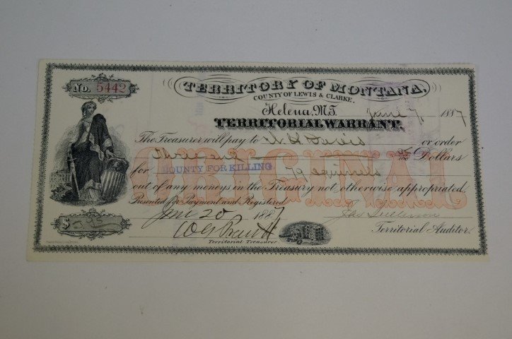Montana Warrant for Killing Squirrels: Territory of Montana, County of Lewis and Clark, Helena, M.T. June 7 1887, a territorial warrant "Will pay to W.H. Davis three and 15/100 dollars bounty for killing 79 squirrels.." signed by territori