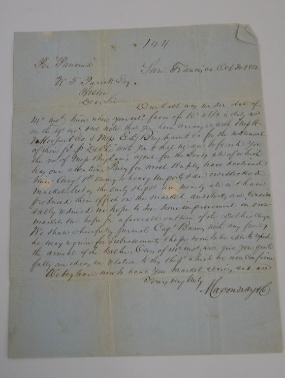 1850 Letter Sent Via Steamer Panama: A commission merchants letter sent by F.W. Macondray & Co, on October 30th, 1850 concerning the current market conditions for staples and goods in San Francisco. Addressed to W.F. Parrott, Esq, of Bos