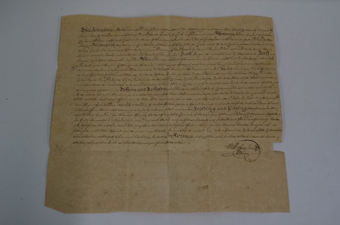 James Abercromby Handwritten Land Grant: 1pg large folio manuscript land grant with lengthy endorsement by him on reverse as His Majesty's Justice of the Peace, Charleston, South Carolina, July 24, 1740. For a plantation of 500 acres of land