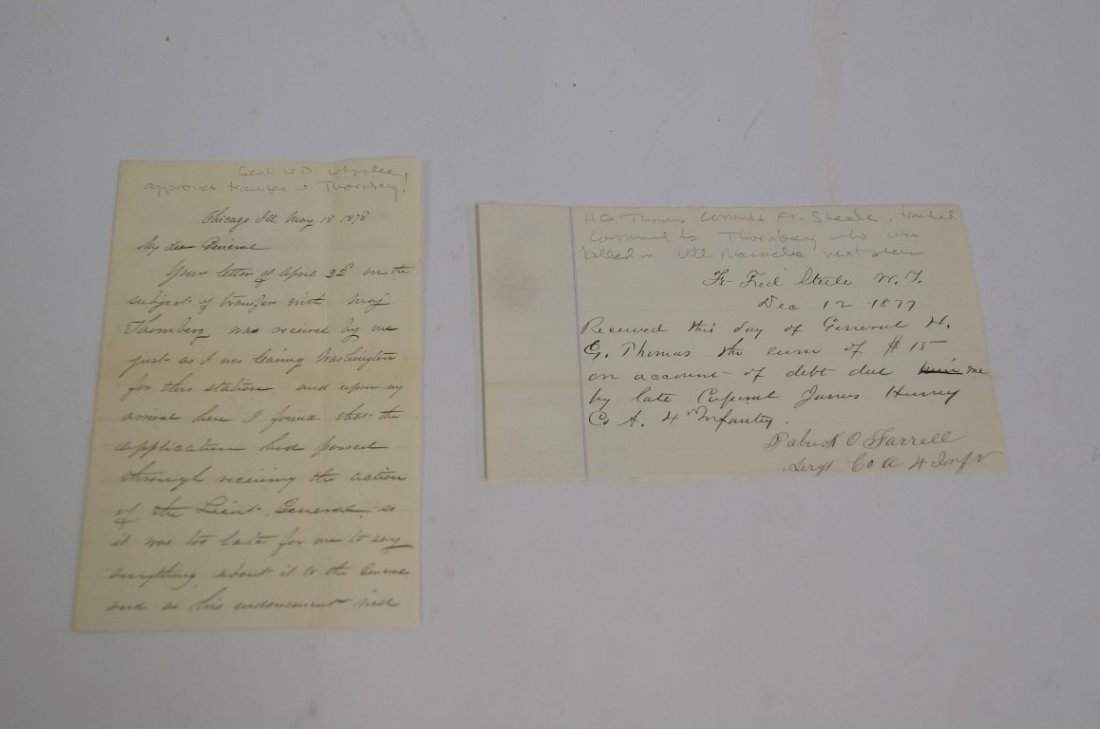 White River Massacre 1878: An 1878 letter from General WM Whipple notifying For Fred Steele, Wyoming commander HG Thomas that his trade with Major Thornberg has been ok'd. The latter became Ft. Steele post commander and the mas