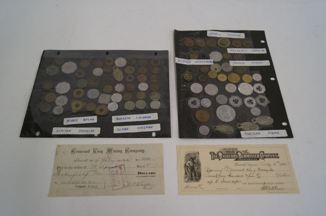 Arizona Saloon & Trading Post Tokens: Arizona saloon, trading post and mercantile trade tokens. Approximately 90 are in the lot, including from Bisbee; Bylas; Buckeye; Chloride; Globe; Kingman; Clifton; Douglas; Lowell; Jerome; Prescott; 
