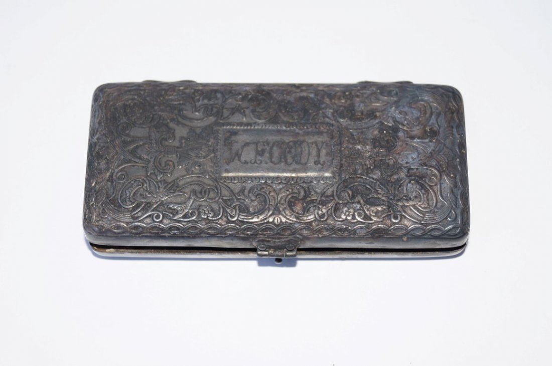 Buffalo Bill's Gillette Razor: King Gillette Pocket Edition Safety Razor in a traveling case or ornate repoussed silver plate. Marked at the top in fancy script. W. F. Cody 4"L. 2"W