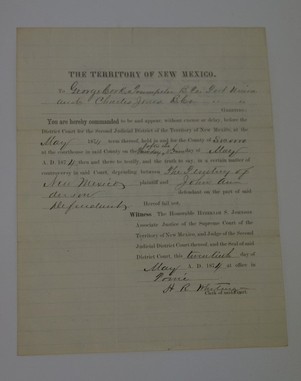 Territory of New Mexico Subpoena C 1874: Issued to George Cook, trumpeteer B. Co, Fort Union and Charlie Jones, B. Co to appear in Socorro County to testify in a matter between the territory of New Mexico and John Anderson.
