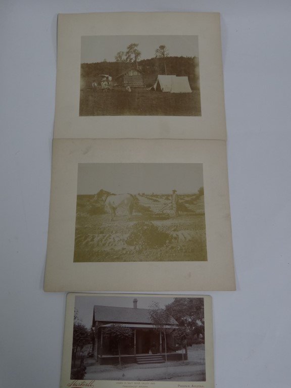 Arizona Photographs (2): Arizona settlers: 8x10" albumen photo of two settlers, wives with wagon, tents and new log home circa 1890s. A second 8x10 albumen photo of settler posed with his two mule plow team in midst of what l