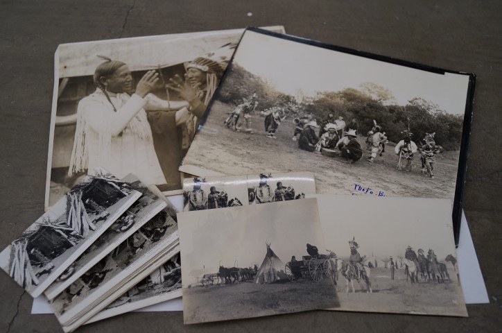 Indian Photos and Keystone View Cards (16): Two photos, one written in ink at front Drake Studio, Ponca City, Okla; two smaller photos and twelve unusual Keystone Co. small size viewcards of various tribes - chiefs and daily life. 16 items in t