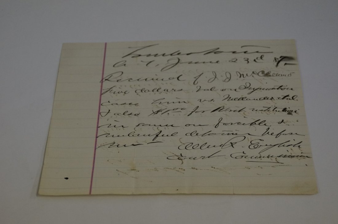 Allen English Hand Written Receipt 1887: Handwritten receipt signed by Allen English, a famous attorney from Tombstone and one time district attorney, for JJ McClelland.