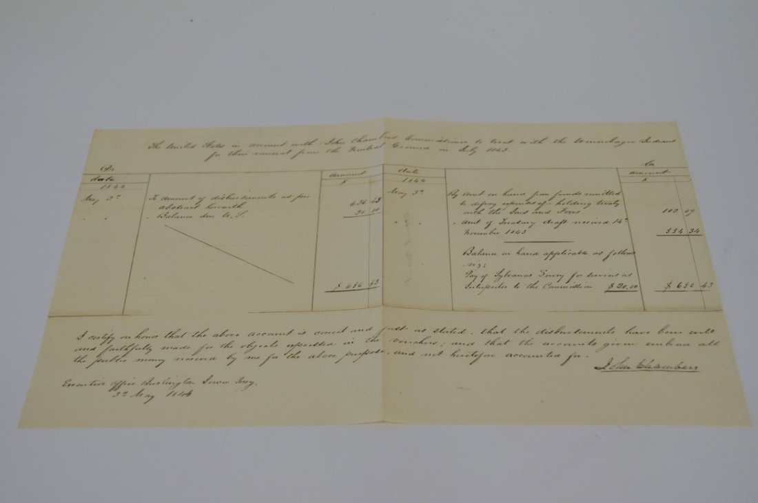 Winnebago Indian Treaty: Invoice for money speant removing tribe. Iowa Territory 1844.