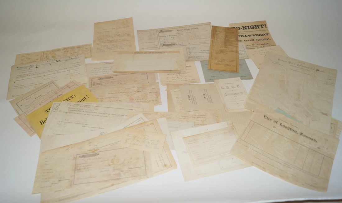 Kansas Document Lot C 1880s (50): 50+ items inc. letterheads, billheads, invoices, receipts, covers, handbills, invitations, etc. All vintage 1880s. Towns named include Mound Valley, Elk City, Longton, West Cherry Township, Elgin, etc