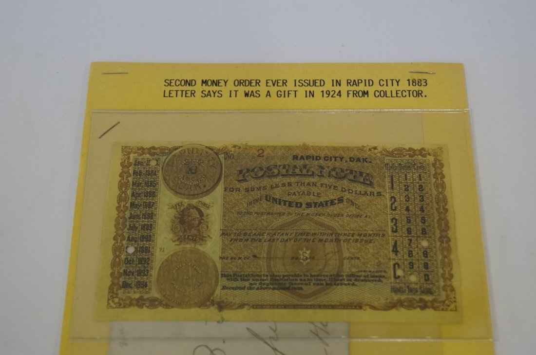 US Postal Money Order: Second money order ever issued in Rapid City 1883. Leter says it was a gift in 1924 from a collecter.