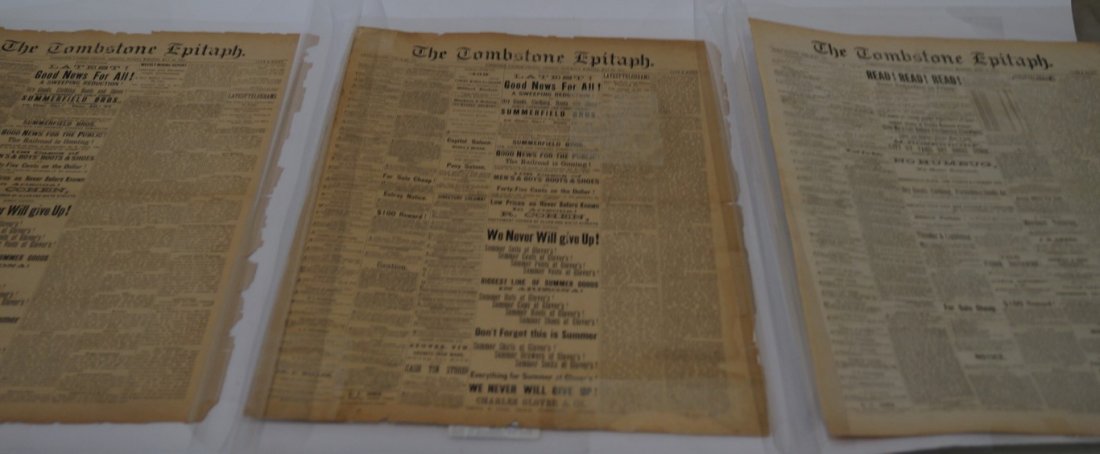 The Tombstone Epitaph (3): June 17, 1881; May 28th 1881 and May 29th 1881. Deacidified by Jim Lyons - 1995. This folder is made of polyester for long term preservation. Call Gurnseys for a list of what is contained in these thr