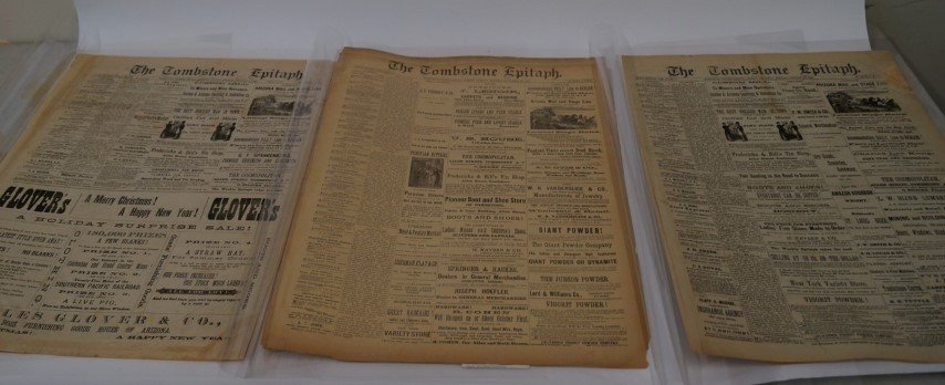 Important Tombstone Epitaphs (3): September 20th, 1881; January 1st, 1882 and January 26th, 1882. Deacidified by Jim Lyons - 1995. This folder is made of polyester for long term preservation. "President Garfield is Dead" as well as in