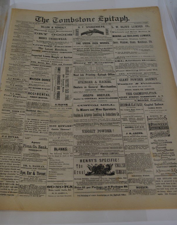 The Tombstone Epitaph (3): January 27th, 1882; March 7th 1882 and April 13th, 1882. Deacidified by Jim Lyons - 1995. This folder is made of polyester for long term preservation. Call Gurnseys for a list of what is contained in