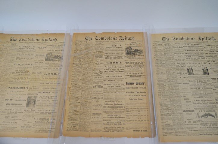 The Tombstone Epitaph (3): September 8, 1881; October 12, 1881 and December 6, 1881. Deacidified by Jim Lyons - 1995. This folder is made of polyester for long term preservation.