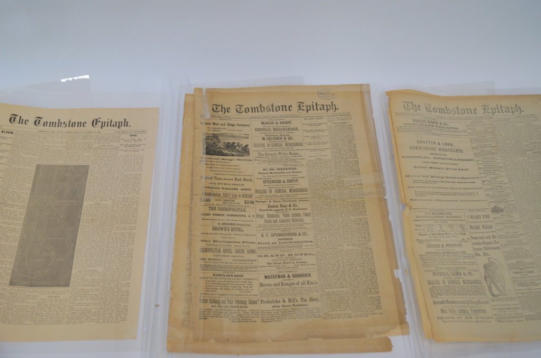 The Tombstone Epitaph (3): September 27th, 1880; October 15th, 1880 and November 21st, 1880. Deacidified by Jim Lyons - 1995. This folder is made of polyester for long term preservation. Call Gurnseys for a list of what is cont