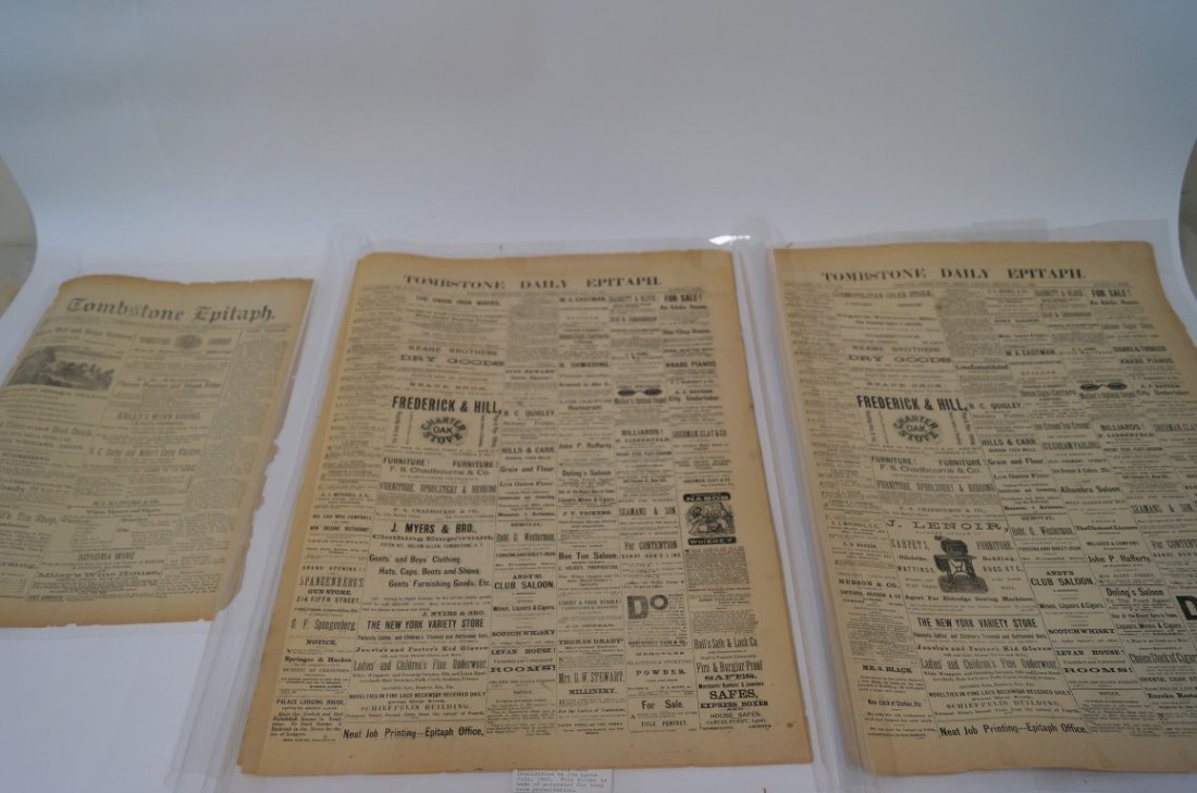 The Tombstone Epitaph (3): July 11th, 1882; July 1st, 1882, and September 2nd, 1880. Deacidified by Jim Lyons - 1992-1993. This folder is made of polyester for long term preservation.